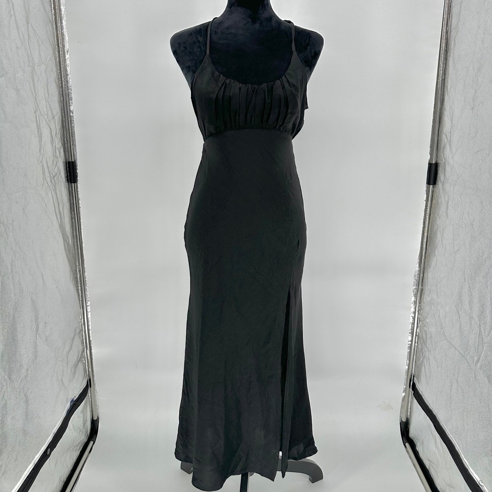 NEW ASTR Black Satin Open Back Leg Slit Dress Women's XS Black Tie Party